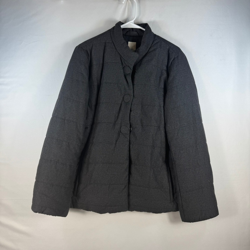 J. Jill Women Gray Quilted Puffer Jacket Mock Neck Button Front Size Medium